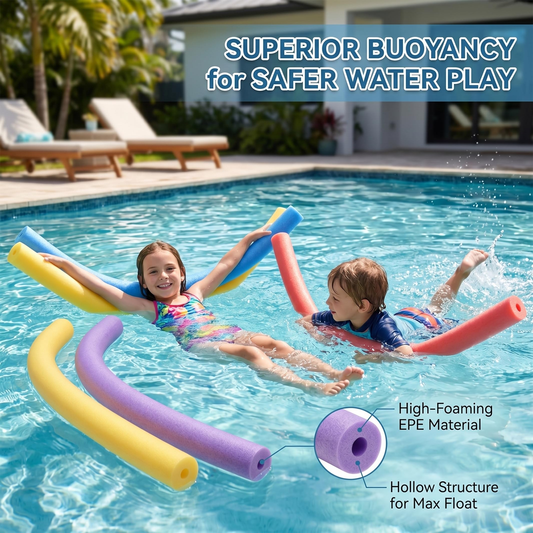 Lot de 4 nouilles de piscine jumbo en mousse - Flotteurs creux flottants de 150 cm pour jeux d'eau pour enfants (rouge, jaune, violet, bleu)