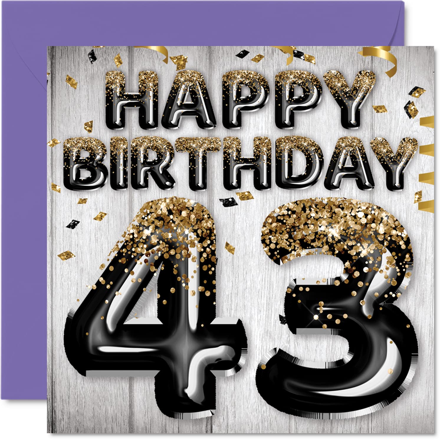Amazon | 43歳の誕生日カード 男性用 - ブラック&ゴールドのグリッター
