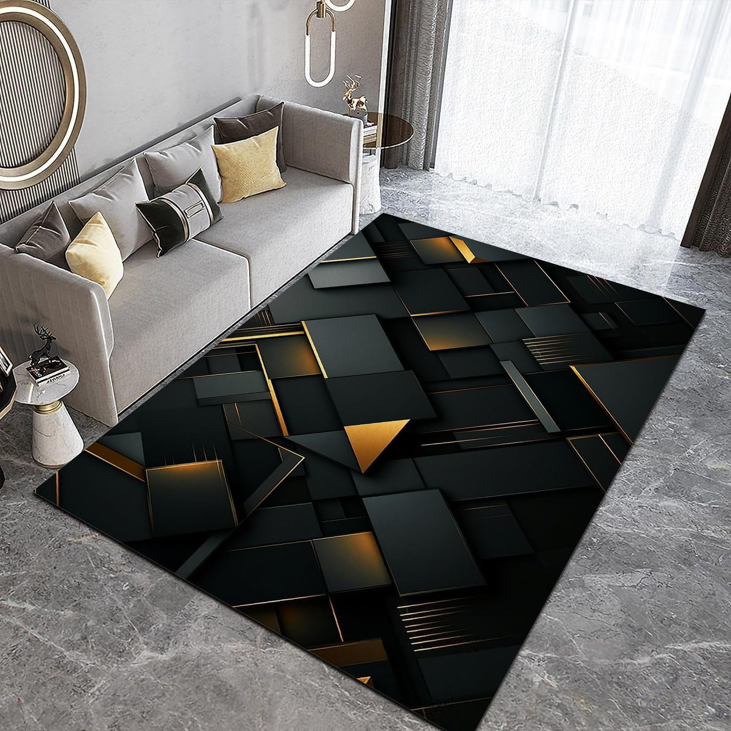 Générique Géométrie Grand Tapis de Salon Chambre 160x230cm Moderne Noir Or Lavable Antidérapant, Poils Ras Doux Tapis Décoration Moderne pour Coucher Couloir,Cuisine, Salle à Manger 1H804