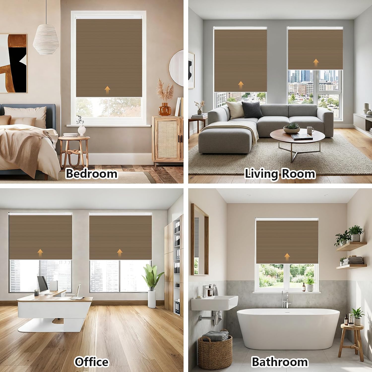 Shade&Beyond No Drill Motorized Cellular Shades, Smart Blackout Honeycomb Blinds with Remote &Rechargeable Battery, Cordless Electric Window Shades for Indoor Custom Size, 58" W X 44" H,Brown