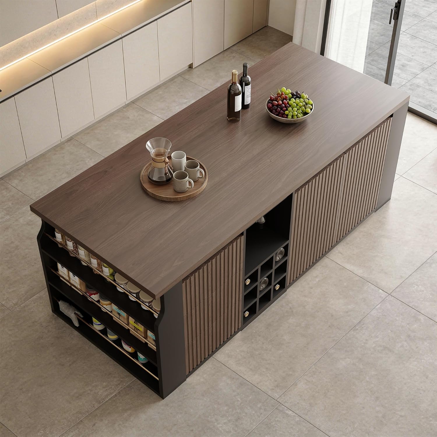 70.8" Modern Multifunctional Kitchen Island Table with 3 Drawers, Wine Rack, Glass Cup Holder Adjustable Dividers for Kitchen, Dining Room, Family Gatherings, Walnut
