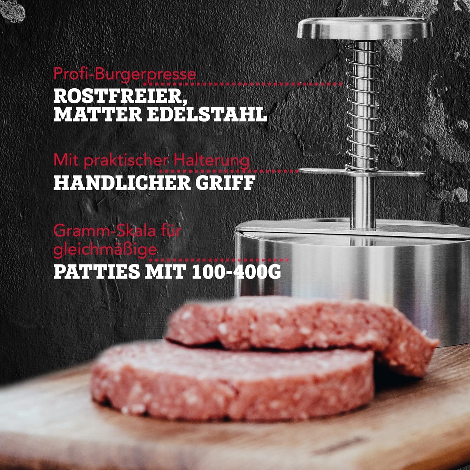 FMProfessional Burgerpresse für leckere Hamburger by Fackelmann – Hamburgerpresse mit 100g - 400g Patty – Presse aus Edelstahl für schmackhafte Burger | Hamburgerpresse mit Skala von 100 bis 400 Gramm, Handlicher Griff mit praktischer Halterung, Reinigung