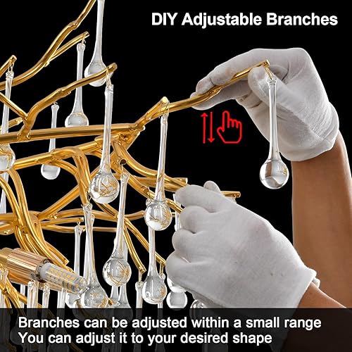 Miniatura 2 de Candelabro rectangular de cristal moderno de 47 pulgadas, lámpara de araña de gota de lluvia de rama dorada para techo alto, comedor, vestíbulo