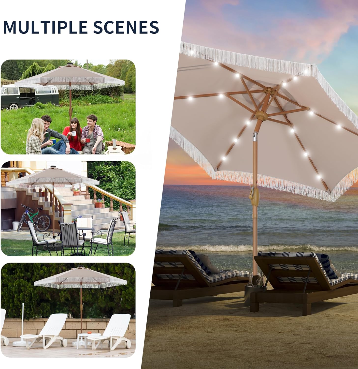 GDY Tiki Patio Umbrella Outdoor Table Umbrella(Optional with Light or Base), Market Umbrella for 4 Sizes(7.5ft/9ft/13ft/15ft), with Crank for Garden, Lawn, Deck, Backyard & Pool