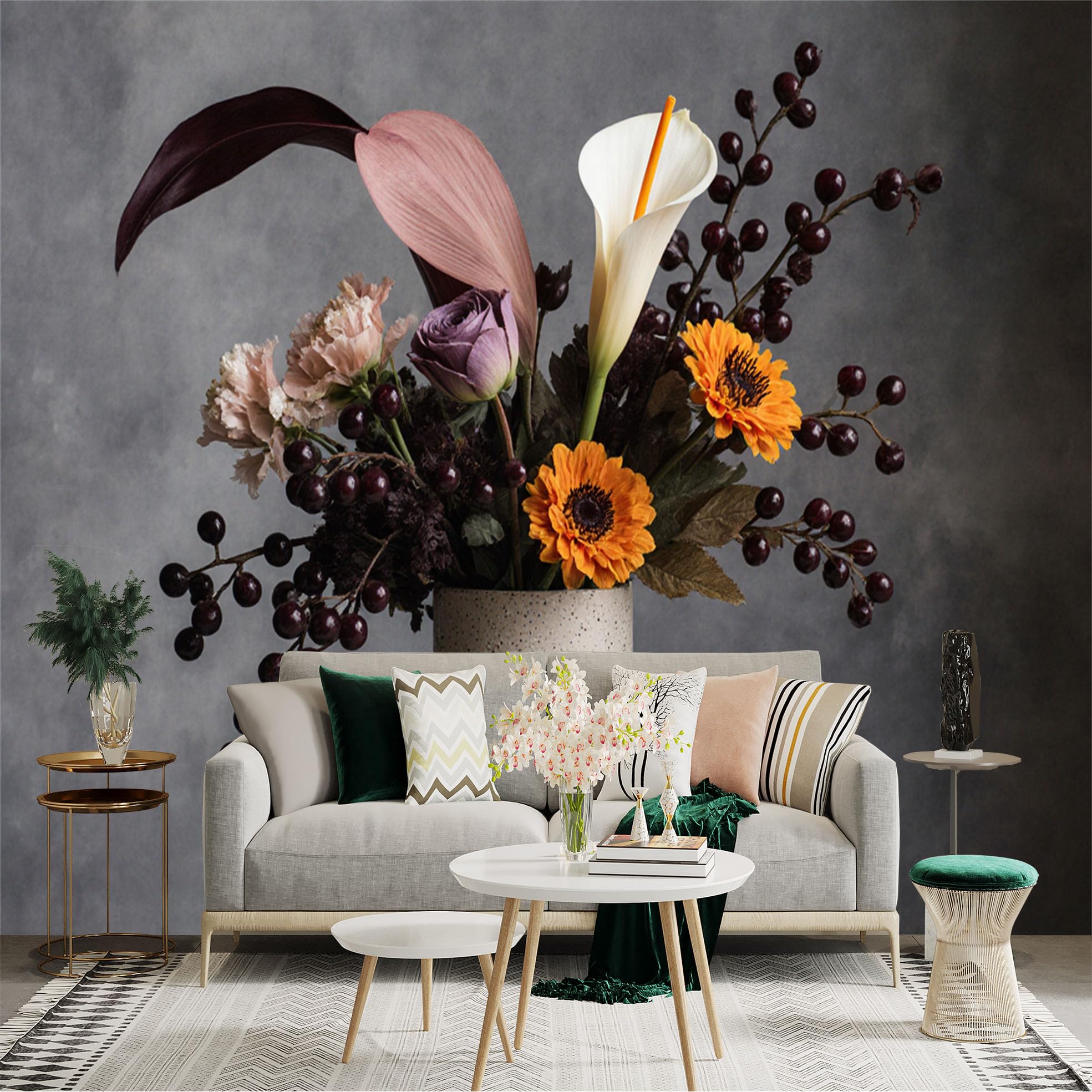 Custom Size Wall Sticker Mural， Still Life with Calla Lily and Sunflowers， Elegant Floral Arrangement in Ceramic Vase， for wall Decoration， peelandstick wall Decals.
