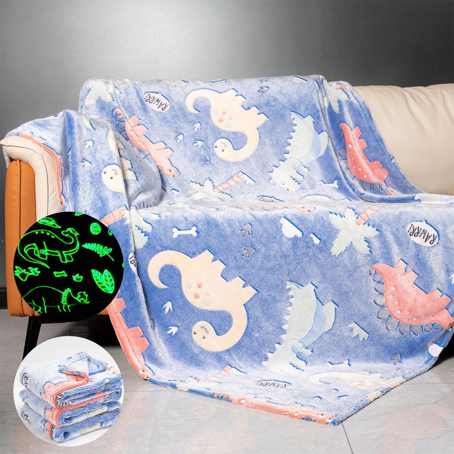 TEHALK Personalized Dinosaur Baby Blanket - Glow In The Dark Kids Throw, Soft Fleece 30x40 Inches - View #10