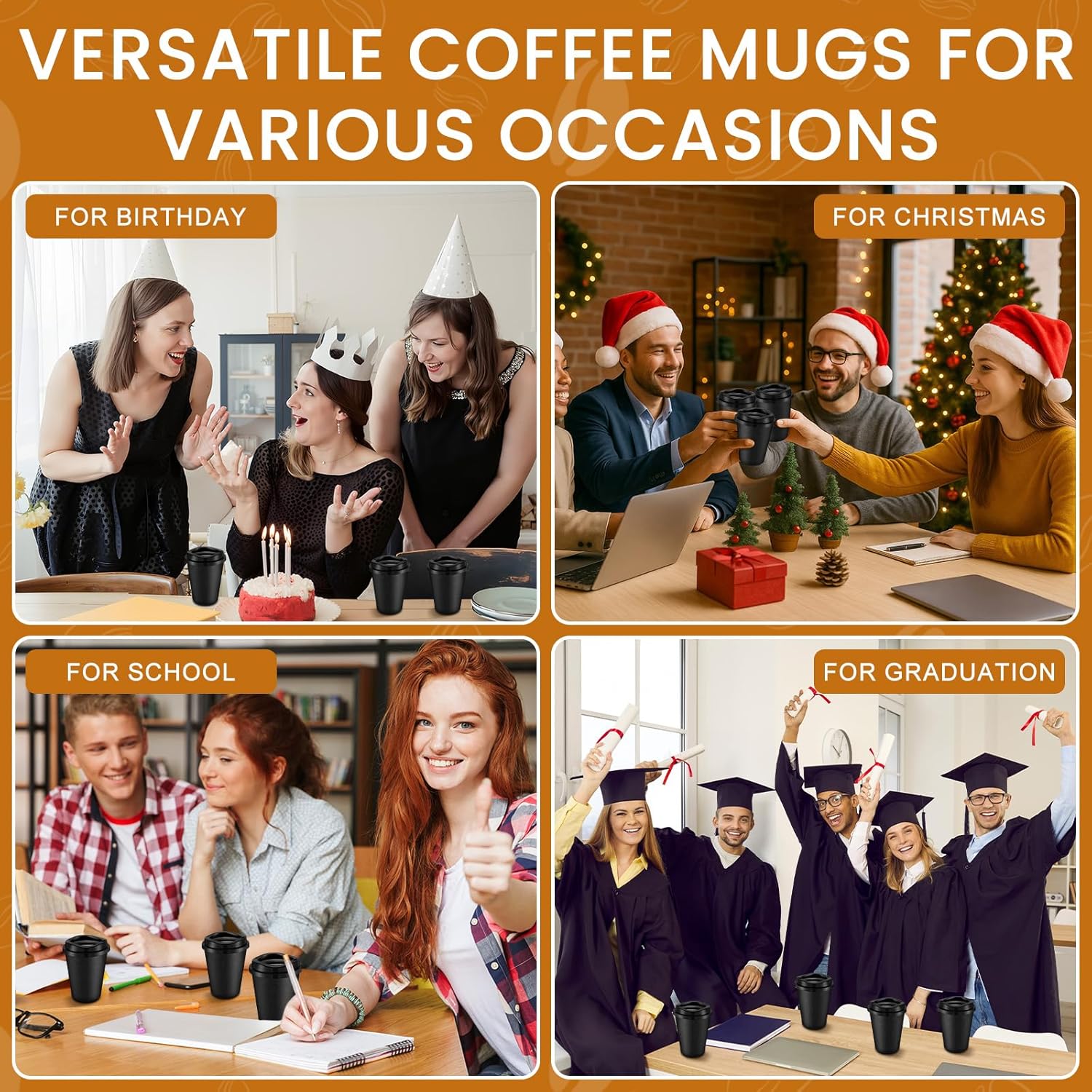 Honeydak 45 Pack 12 oz Reusable Coffee Cups with Lids Portable Tea Cups Reusable Hot Coffee Mugs Tumblers Bulk Plastic Tumblers Travel Drinks Mugs for Hot and Cold Drinks (Black,Stylish) - Image 6