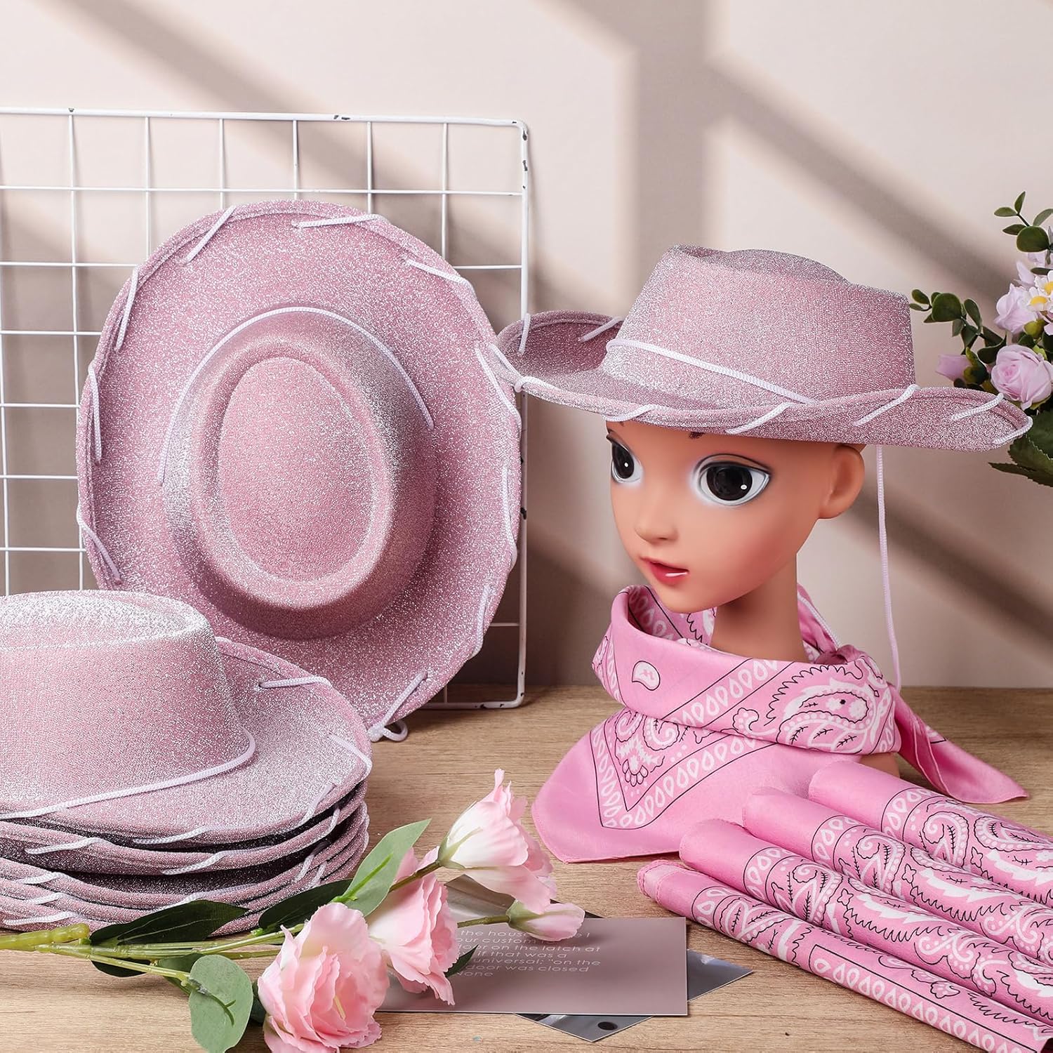 Coume 24 Pieces Cowboy Hats and Bandanas for Kids Western Cowboy Costume Hat Accessories for Toddler Child Western Theme Birthday Party Supplies Halloween Costume Dress (Glitter Pink)
