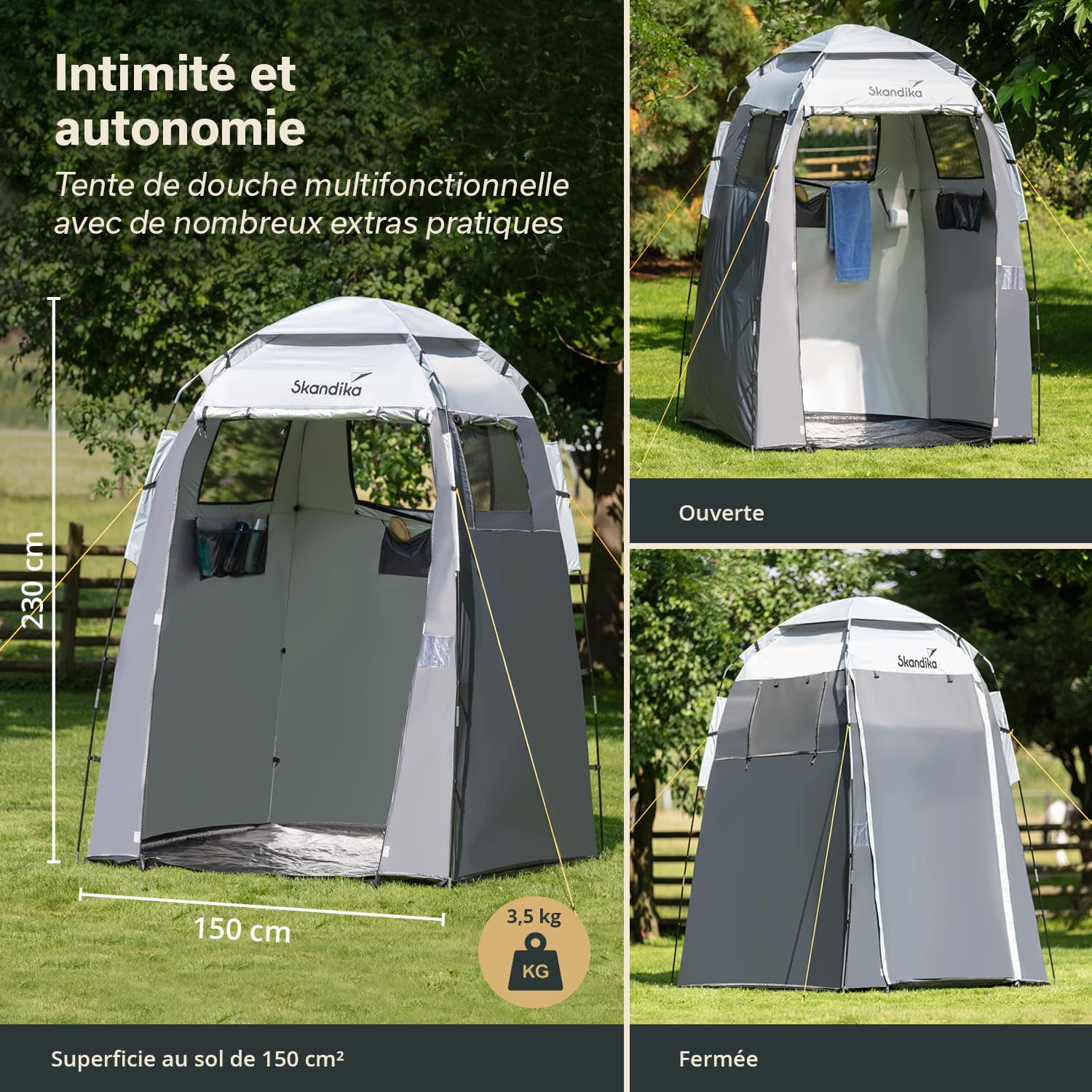 Skandika Camping Tente de Douche et Vestiaire | Grande, Hauteur 230 cm, Revêtement Argenté, Opaque | Sol Séparé, 3 Fenêtres, Porte-Serviettes, Fixation Pour la Douche | Toilette