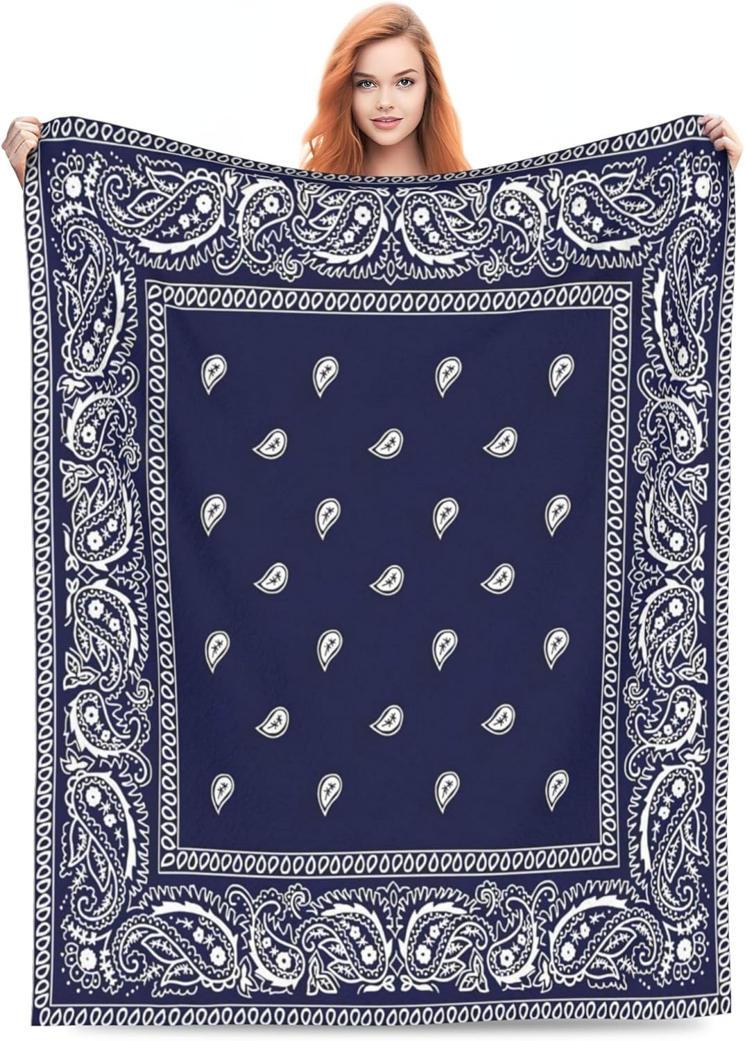 Blue Bandana Paisley Border Print Blanket, Microfiber, Throw Blanket, Kids & Adults, 80"x60", Blue