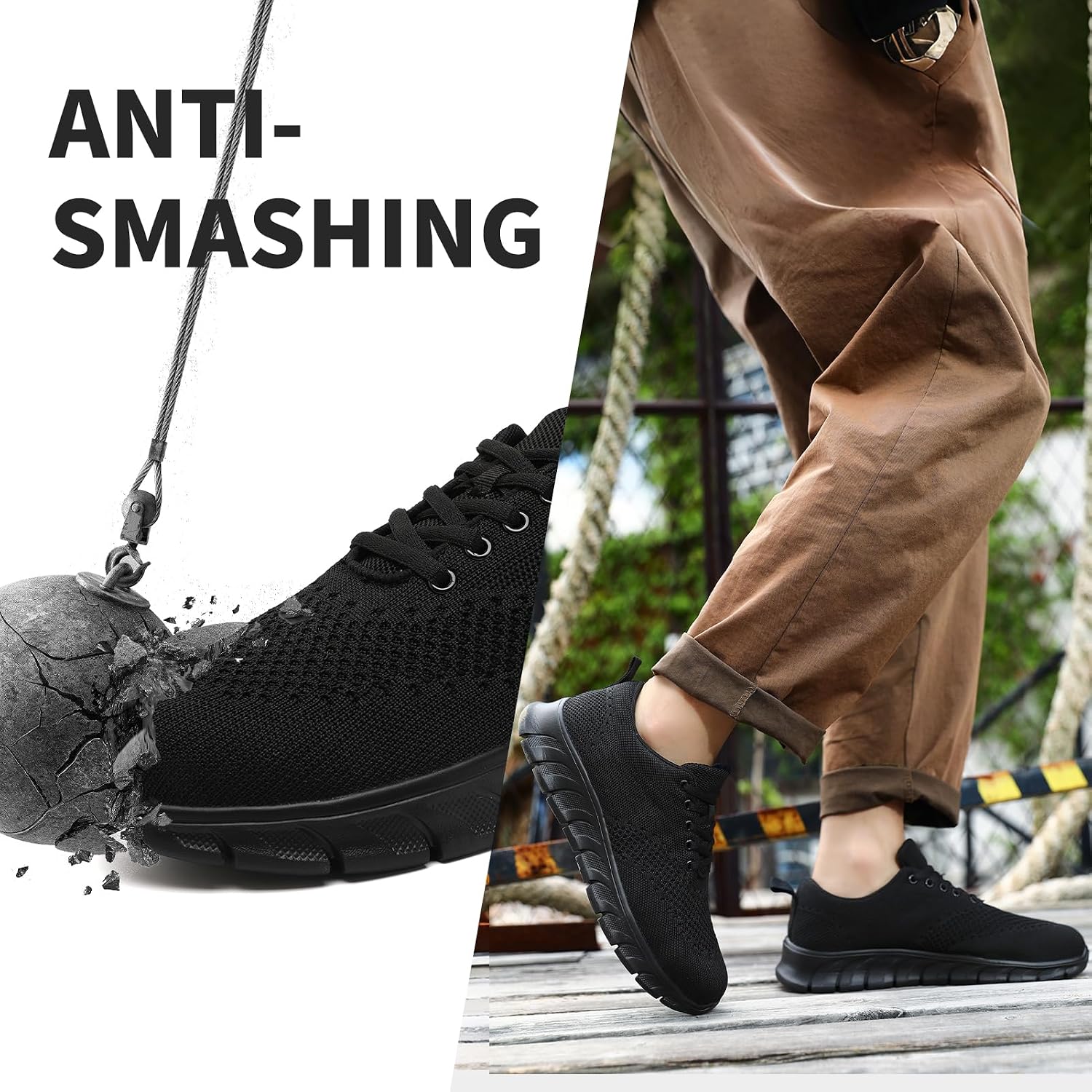 Men's Steel Toe Work Shoes, Indestructible Puncture Proof Safety Sneakers, Lightweight Breathable Slip Resistant Anti Fatigue Industrial Shoes for Construction Warehouse Mechanic Daily Work