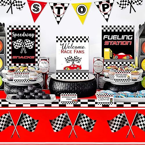Miniatura 7 de PHOGARY Paquete de 3 manteles de auto de carreras a cuadros, fundas de mesa de coche de carreras, mantel de bandera a cuadros en blanco y negro para
