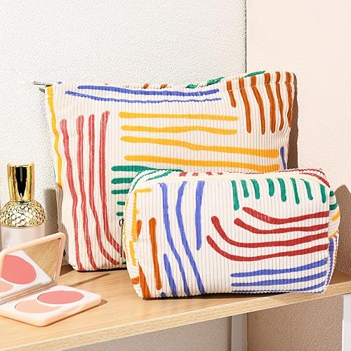 Miniatura 5 de SOIDRAM Bolsa de maquillaje grande de pana de 2 piezas, bolsa de cosméticos de lona, capacidad a rayas, bolsa de aseo de viaje, organizador de