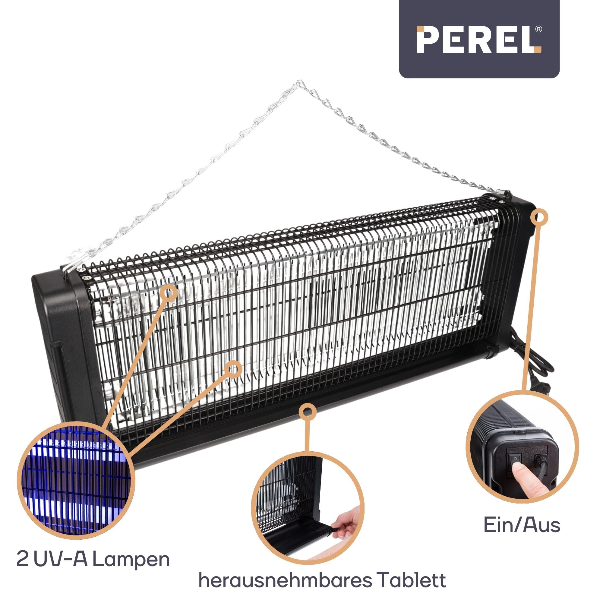 Perel Elektrischer UV Insektenvernichter innen, 2800V Hochspannungsgitter, leise Fliegenlampe mit entnehmbarer Metallschale, 150 m² Abdeckung, chemiefreie Insektenbekämpfung