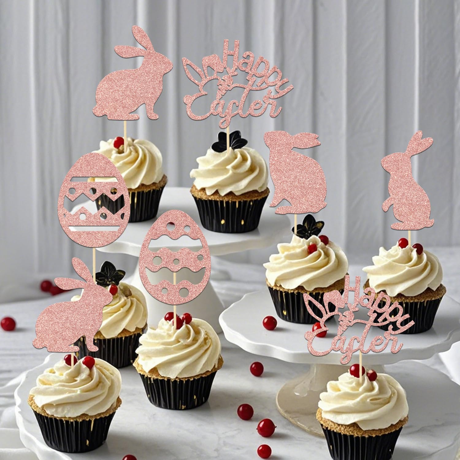 24Pcs Welcome Spring Easter Happy Easter Cupcake Topper Rose Gold Glitter - Image 4