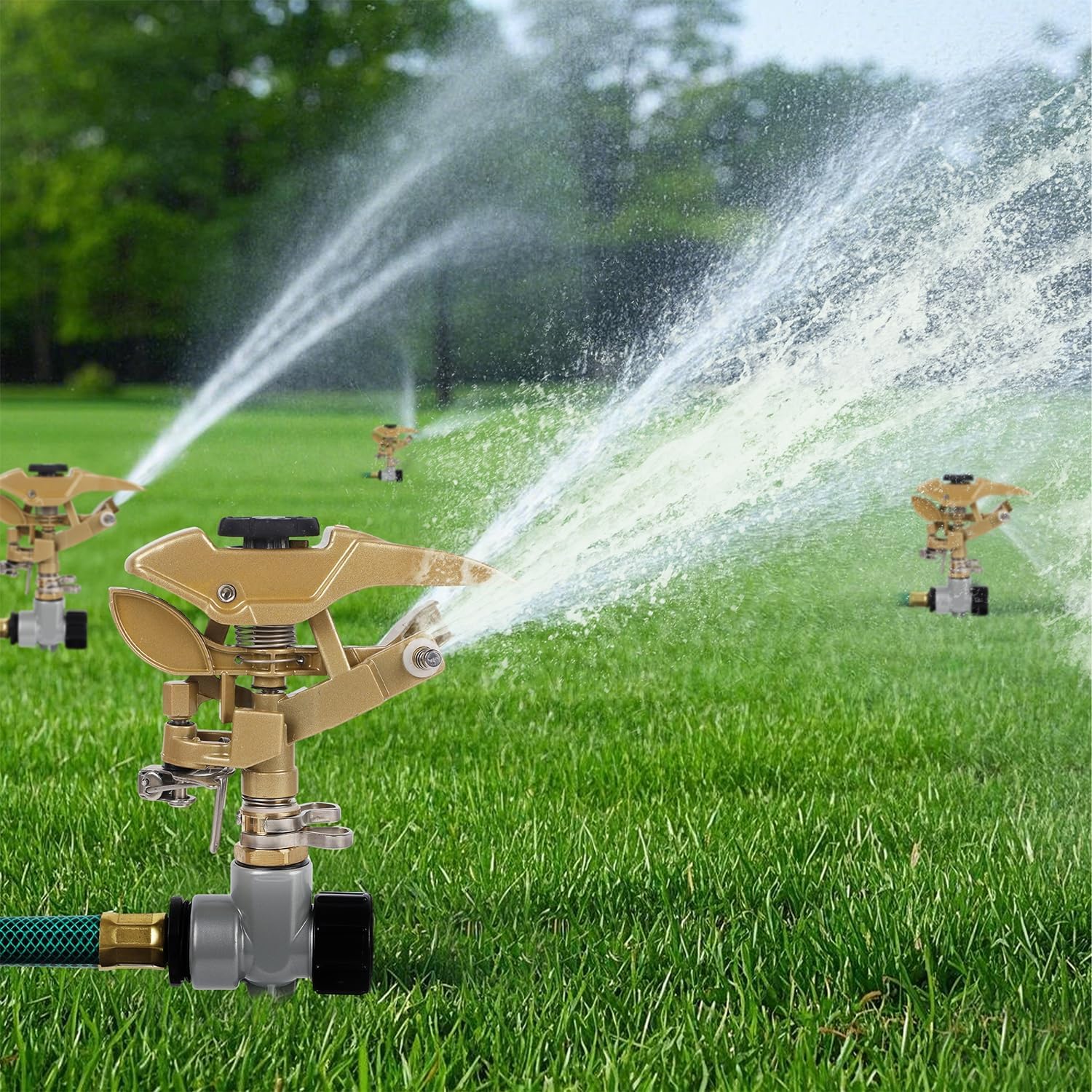 Biswing 2 Pack Impact Sprinklers on Metal Step Spike, Heavy Duty Zinc Alloy Lawn Sprinkler Head on Spike Base, Adjustable 360 Degree Watering Sprinkler for Large Area Grass Garden Irrigation