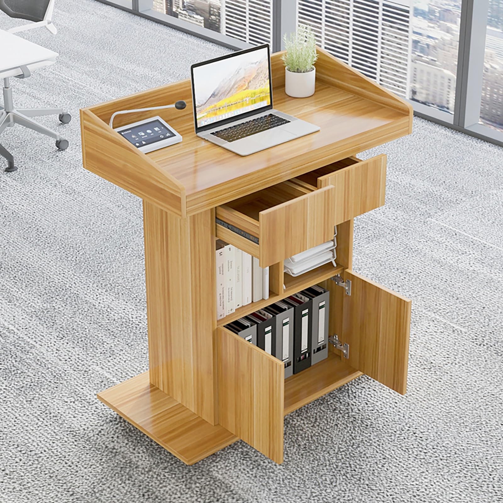 Generisch Rednerpult aus Holz mit Regalen und Schubladen, viel Stauraum für Klassenzimmer und Hochzeiten, Stehpult für Präsentationen, Robustes und stilvolles Design