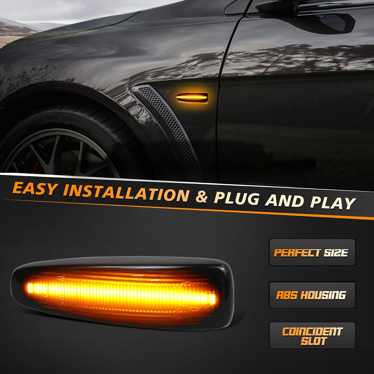 HERCOO Sequential Blink Amber LED Side Marker Light Assembly Compatible with Mitsubishi Lancer Outlander 2008-2013 Turn Signal Lamp Smoked Lens, Pack of 2