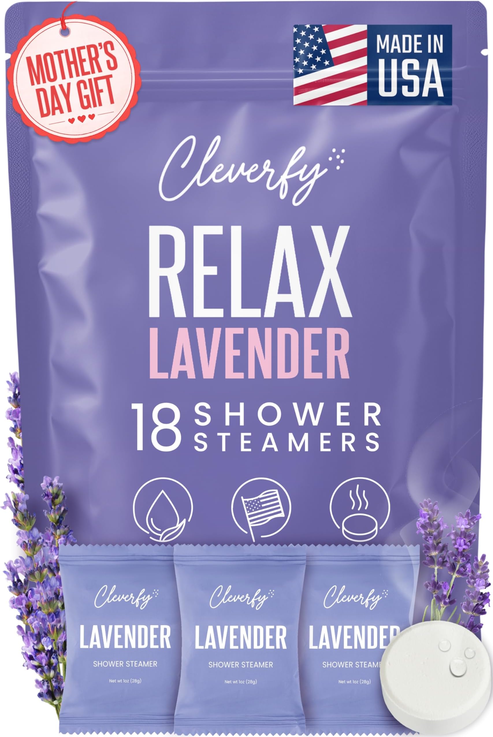 Cleverfy Lavender Shower Steamers Aromatherapy - Mothers Day Gifts for Mom, Wife from Husband, Grandma, Daughter and Sister - Birthday Gifts for Women, Mom, Teens, Girlfriend and Her - 18 Tablets