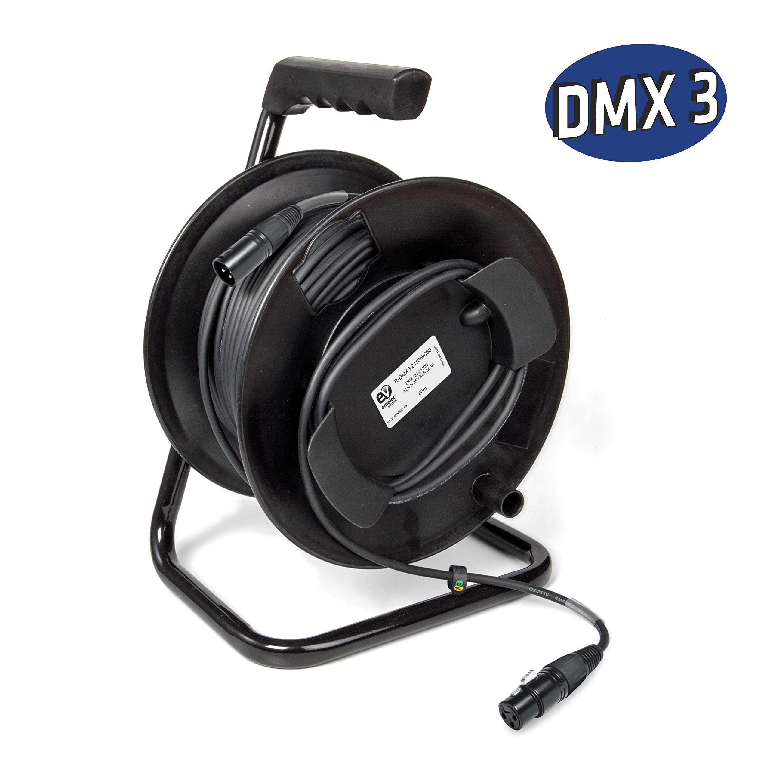 Emelec VíasCom R-DMX3-2110N/070 – 70m Cavo Bilanciato Digitale DMX 110Ω OFC 2x0,22mm² montato su Avvolgicavo con XLR 3 pin – Colore Nero – PVC Molto Flessibile