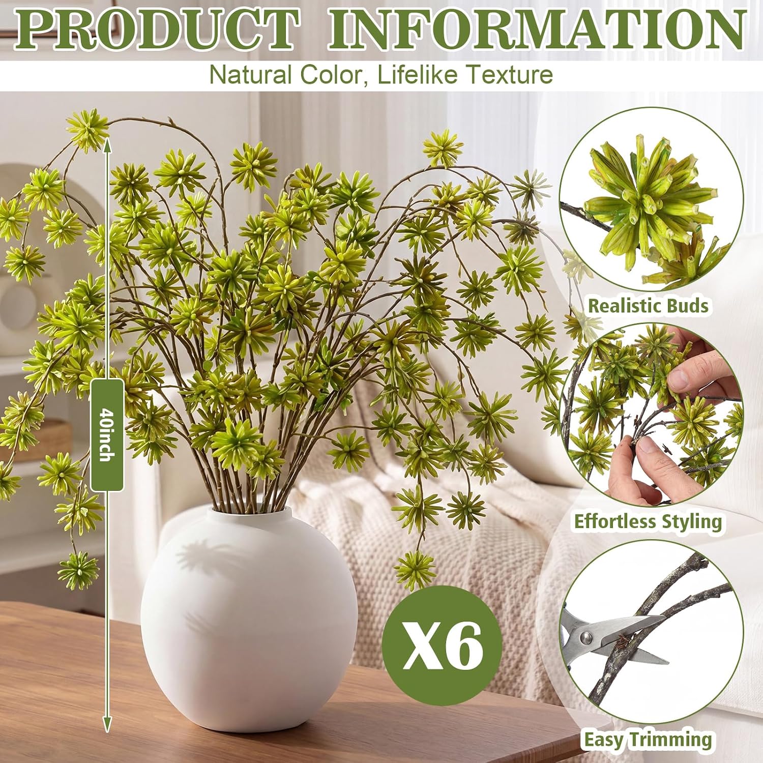 Zeyune 6 Pcs Artificial Branches with Green Buds, 40 Inch Faux Greenery Stems for Tall Vase, Realistic Bendable Fake Branches for Home Decor, Living Room, Garden, Office, Wedding Centerpiece, Green