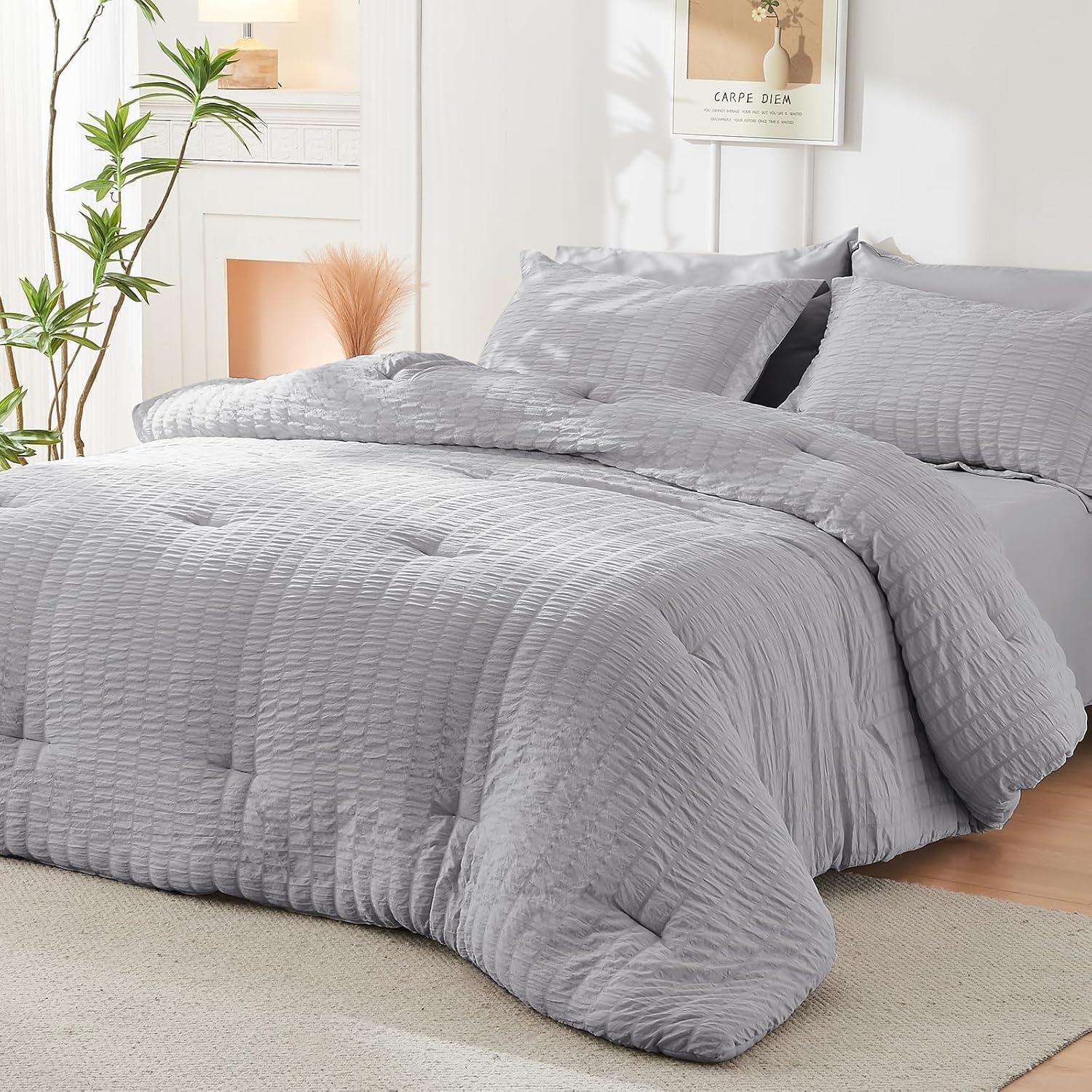 HYMOKEGE Light Grey King Size Comforter Set Seersucker 7 Pieces, All Season Luxury Bed in a Bag for Bedroom, Bedding Set with Comforters, Sheets, Pillowcases & Shams - Image 8