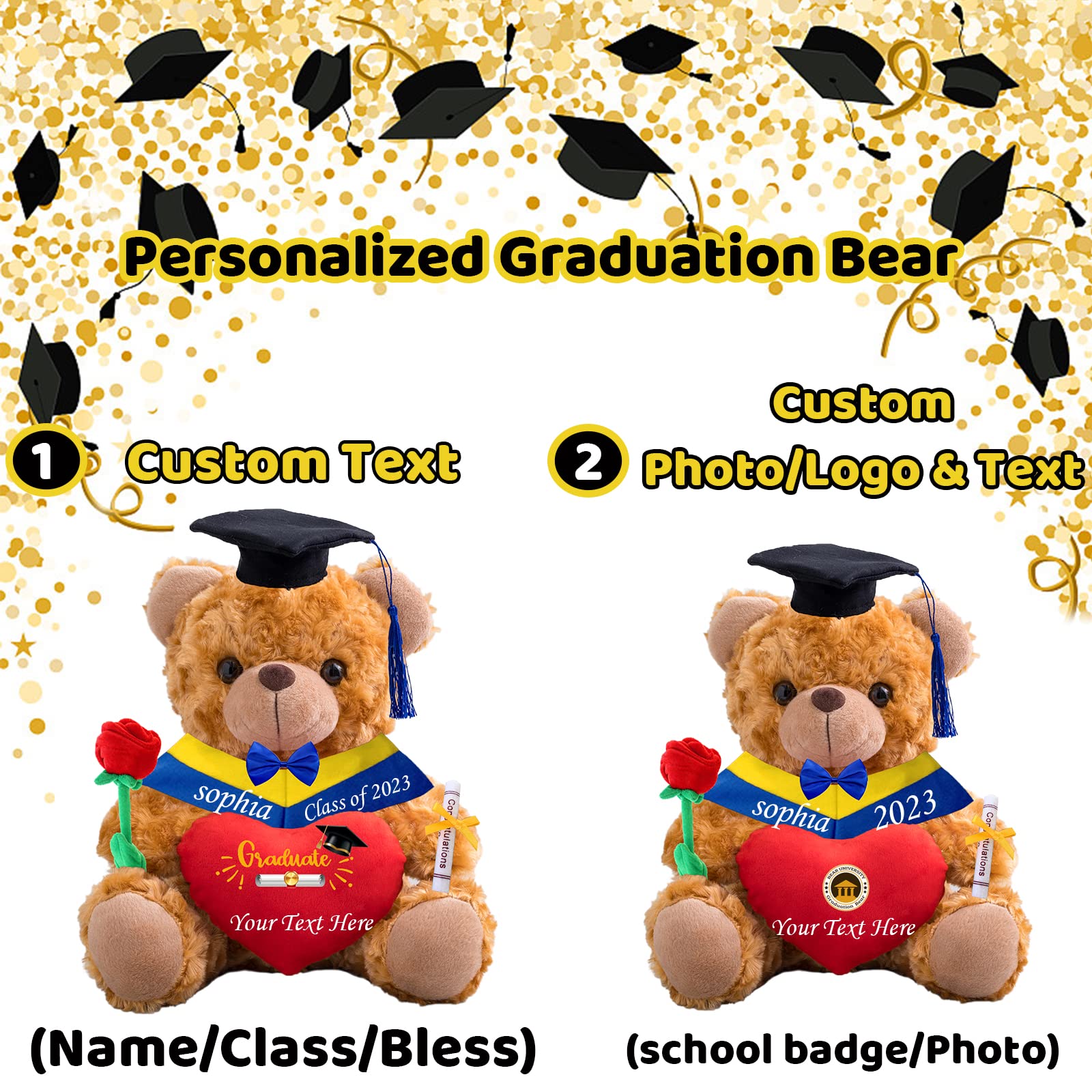 ADORSUN Graduation Bear Personalized Gift - Teddy Bear With Heart & Rose, Add Text/Photo, 10-inch, Black