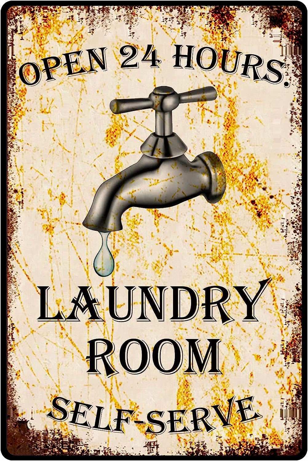 Anceky Open 24 Hours Laundry Room Self-Serve Vintage Distressed Metal Rustic Laundry Room Wall Decor Sign, Vintage Metal Sign for Washroom Home Decoration 12x16 inch