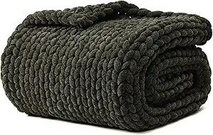 YnM Chenille Weighted Blanket, Handmade Chunky Knitted Design, Soft and Cozy, Temperature Regulating and Breathable, Machine Washable Throw for Sleep or Home Decor (Olive Green, 50x60 Inch, 10lbs)