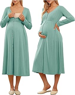 OUGES Cotton Blend Maternity Pajamas Nightgown Button Down Nursing Gown Labor Delivery Breastfeeding Dress with Pockets Price In India