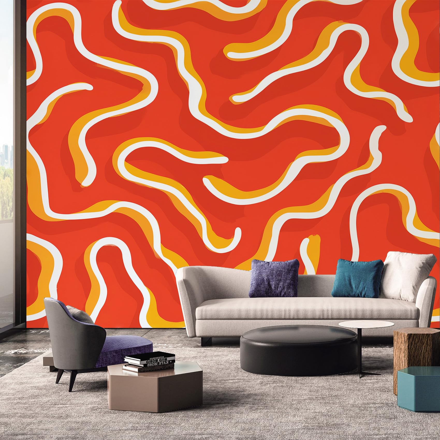 70s Wallpaper, Orange Retro Abstract 3D Wallpaper Murals, 70s Room Decor Wall Art for Bedroom Kitchen Living Room 500L x 280W cm
