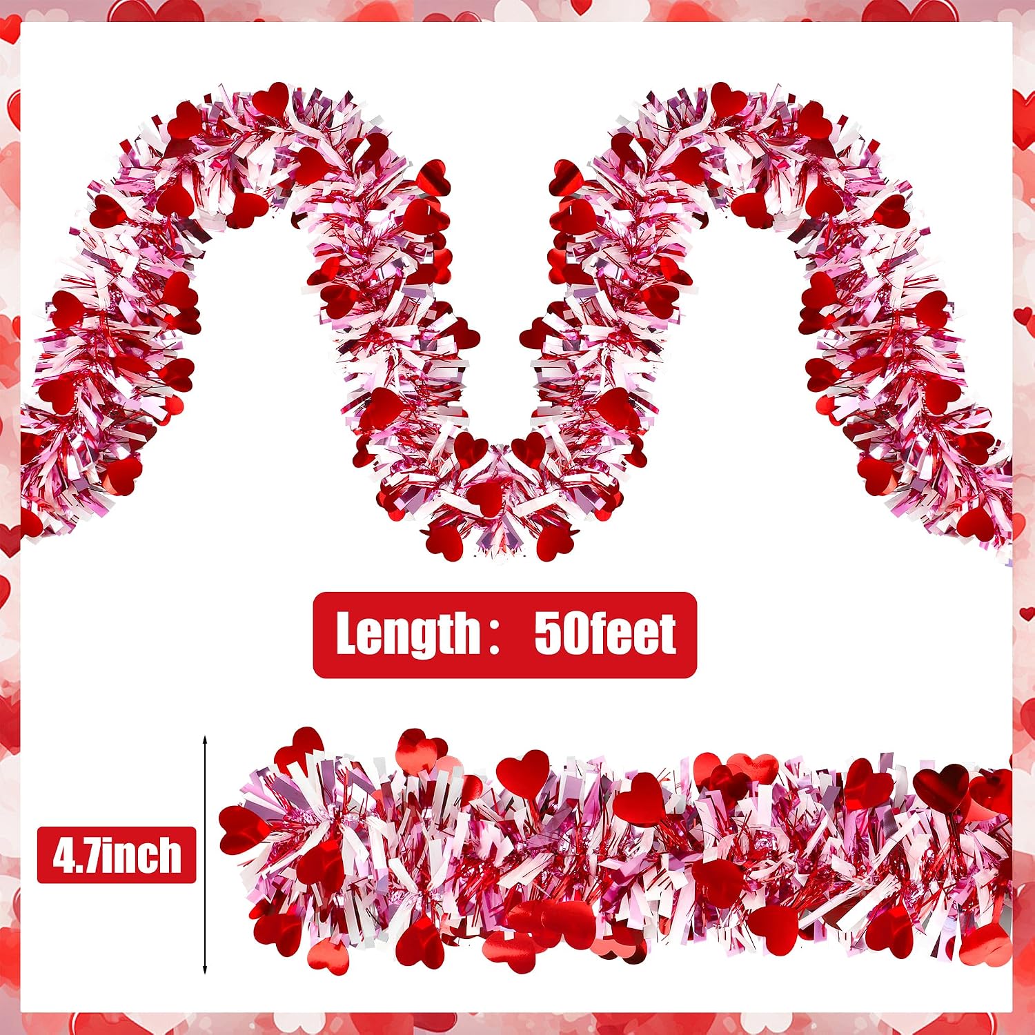 50Ft Valentines Heart Tinsel Garland Red Pink White Metallic Twist Garland Shiny Heart Metallic Hanging Garlands Decorations for Valentines Day Party Wedding Anniversary Tree Indoor Outdoor Home Decor