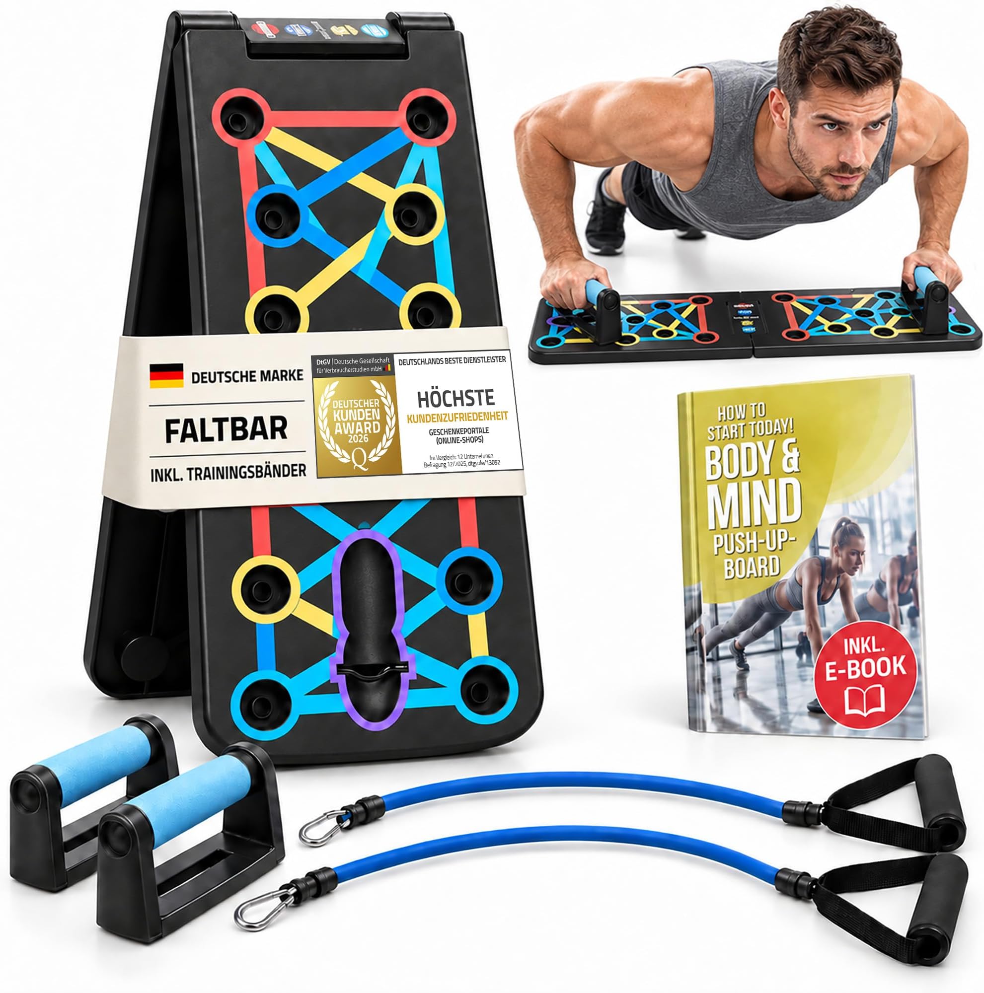 Body & Mindยฎ Push-Up Board; Foldable Multifunctional Elite Rack Fitness Board for Full Body Training & Effective Pushups; Push-up Handles with Free Training Bands & E-Book