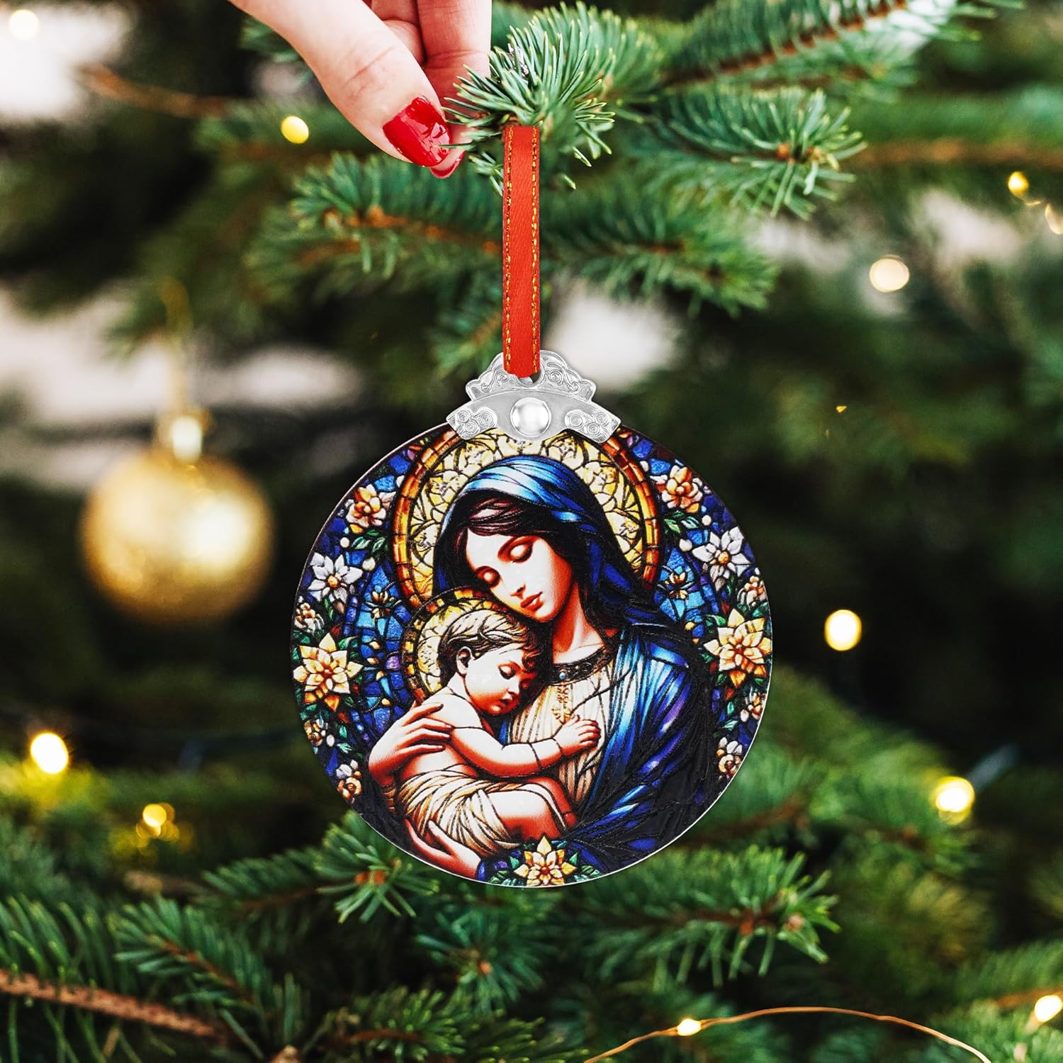 Stained Glass Christmas Ornament, Virgin Mary Hanging Decoration, Religious Christian Glass Ornament for Tree Window Car, Catholic Gifts with Box 3.15 Inch - Image 3