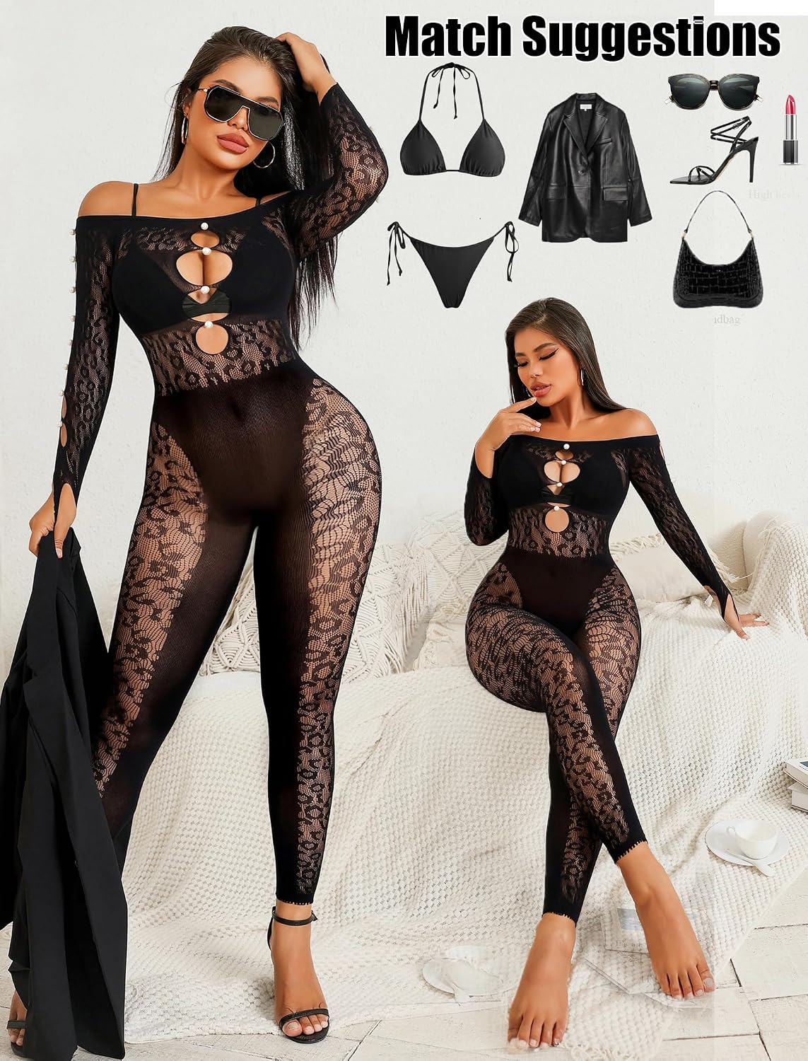 Avidlove Off Shoulder Fishnet Bodysuit Long Sleeve Cut Out Pearl Clubwear