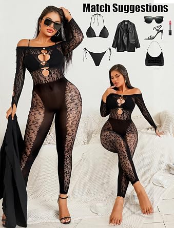 Avidlove Off Shoulder Fishnet Bodysuit Long Sleeve Cut Out Pearl Clubwear