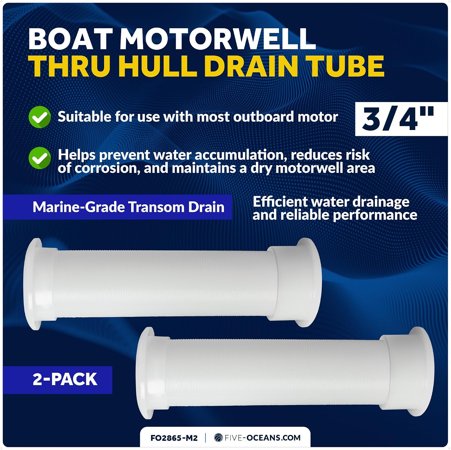 Five Oceans 3/4-Inch Boat Motorwell Thru Hull Drain Tube, White Nylon, Livewell Overflow Drain Tube