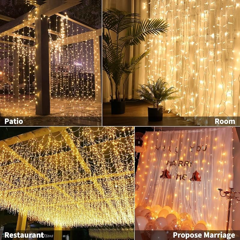Bigzom LED Fényfüggöny 2x2m - 200 Meleg Fehér LED, USB, IP65 Vízálló, Beltéri/Kültéri Dekoráció Esküvőre, Karácsonyra, Valentin-napra 10 Aka