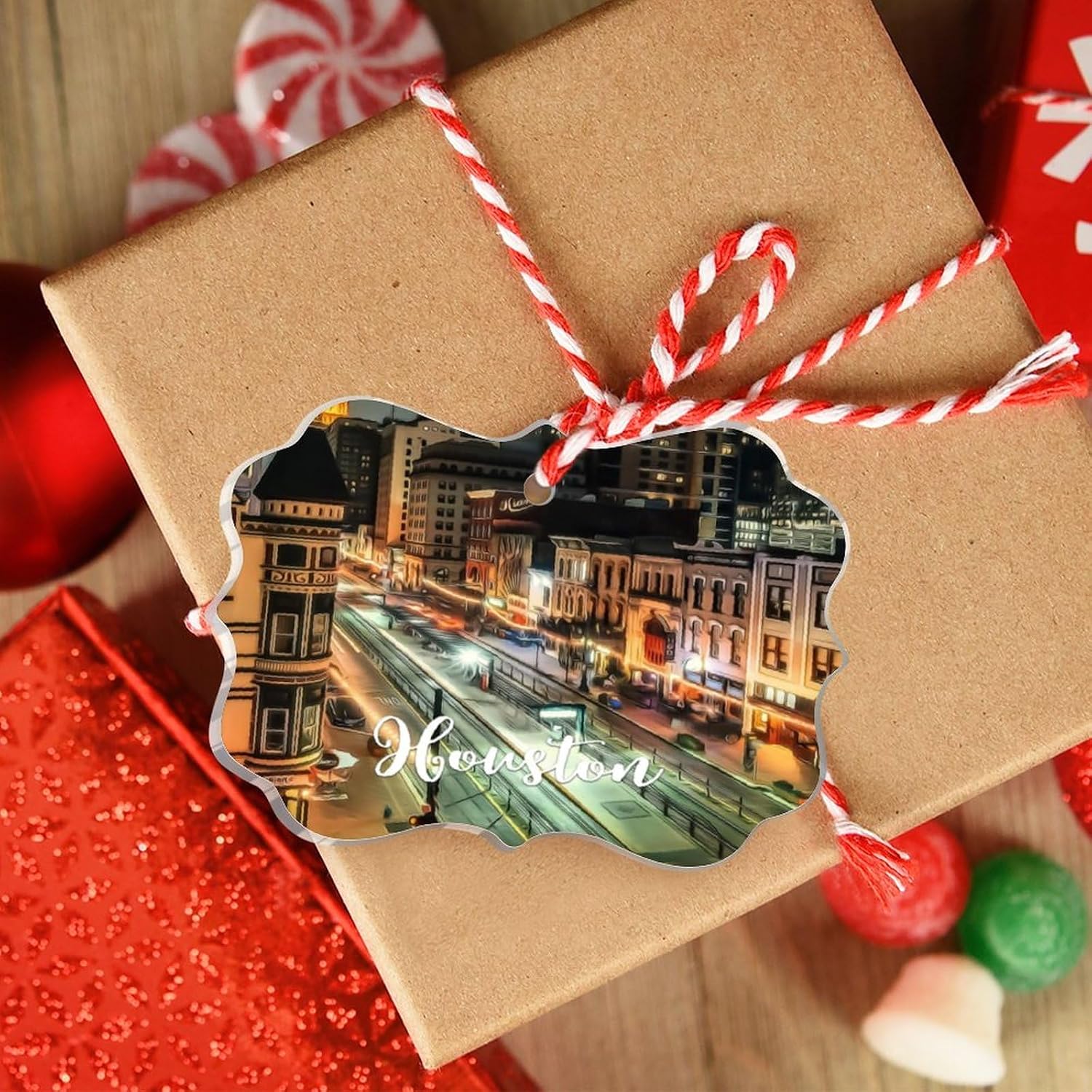 Texas USA Downtown Cityscape Personalized Christmas Ornaments 2023 Houston Travel Christmas Decorations for Tree Clear Acrylic Ornaments Unique Winter Holiday Hanging Decorations Pendant