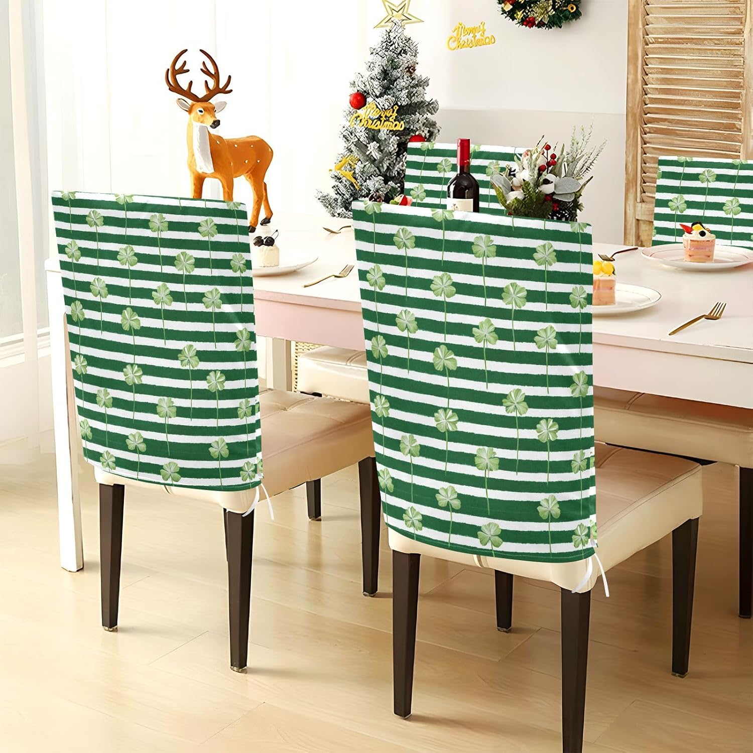 ALAZA Clovers Green White Stripes Chair Back Cover Set of 6, Washable Reusable Removable Chair Slipcovers Decorative Chair Cover for Home Kitchen Wedding Party