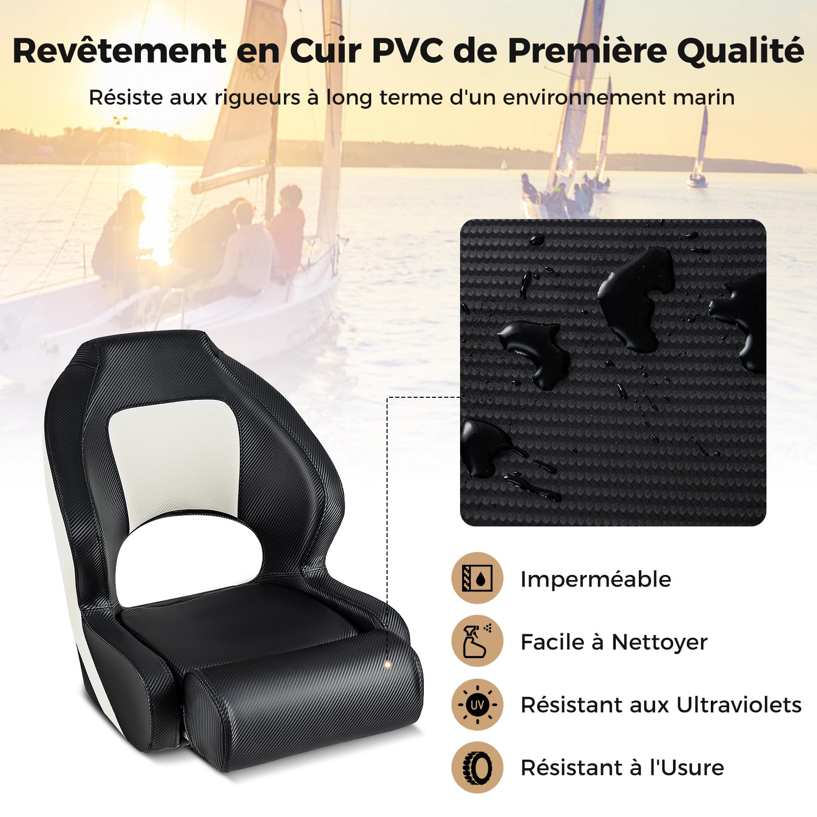 COSTWAY Siège de Bateau Sport Flip-up en Cuir PVC Imperméable, Siège de Pêche Rembourrage avec Dossier Haut de 53 cm Accoudoirs Courbés, pour Pêche Tourisme, Blanc+Noir