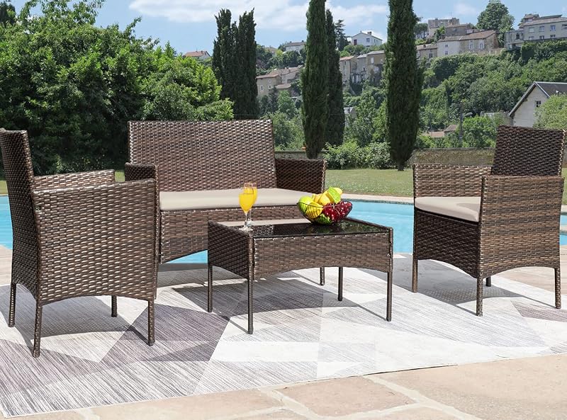 Greesum Patio Furniture 4 Pieces Conversation Sets,Brown and Beige image 2