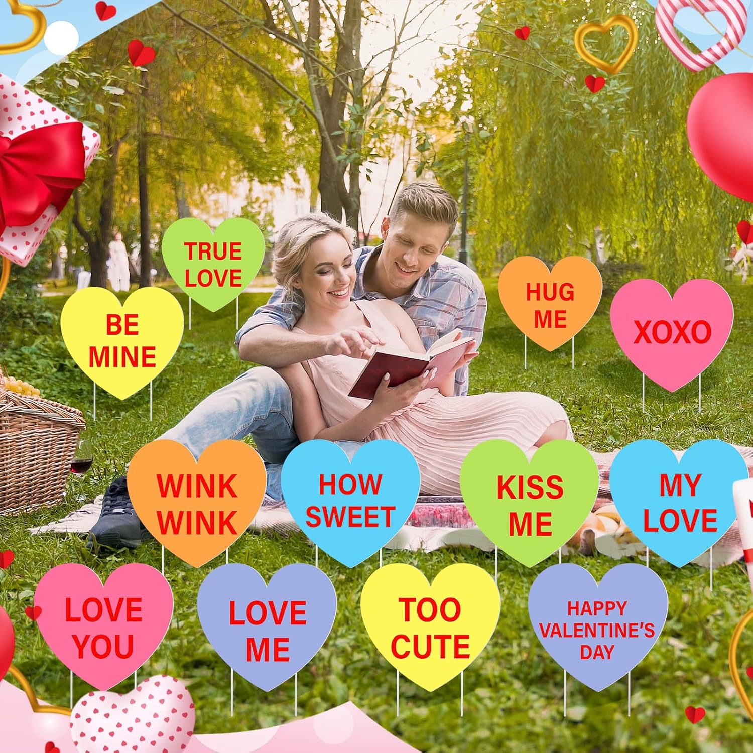 Amyhill 12 Pcs Valentine's Day Yard Signs Conversation Hearts Sweethearts Candy Sayings Outdoor Lawn Decorations Valentine Candy Heart Love Sign Cutouts Wedding Bridal Shower Supplies Garden Decor
