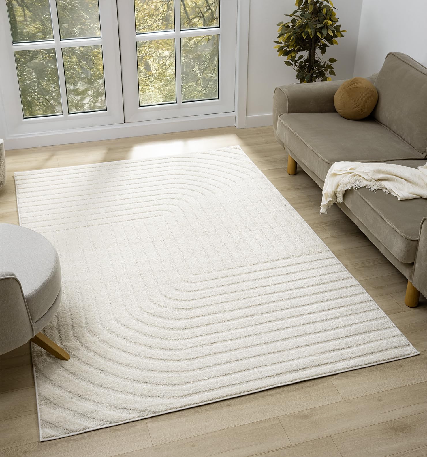 Rugs by Desire Aya Living Room Rug – Soft 12mm Cut-Shrink Pile, Non-Shedding, Jute Backing – Modern Wabi Sabi, Wave, Cubed, and Stripe inspired patterns – Indoor Area Rug, Cream, 200x290 cm