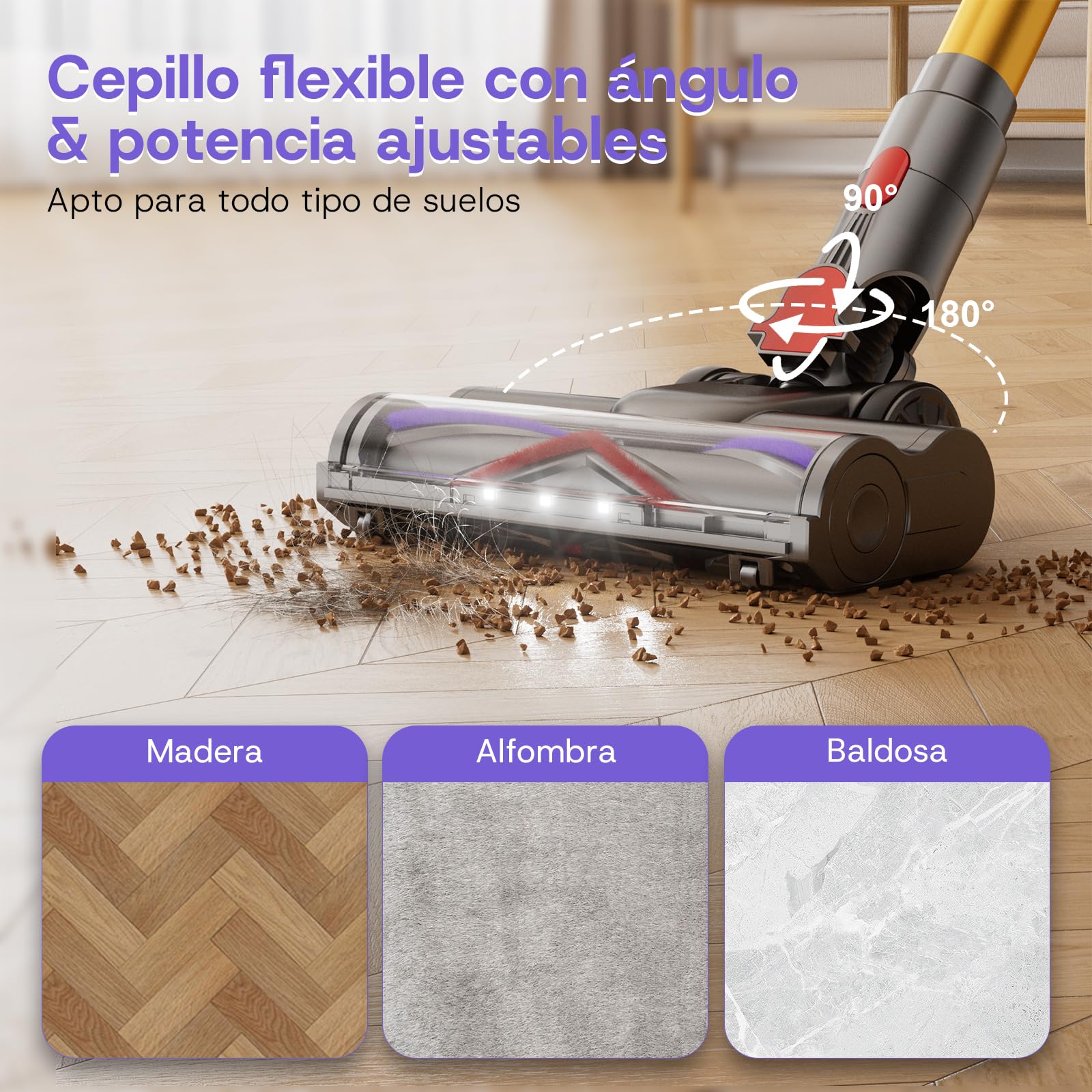 V16 Aspiradora sin Cable 55Kpa/600W/80Mins, Aspirador Escoba sin Cable con Pantalla Táctil LED, Modo Automático, Aspirador Inalámbrico Antienredo para Suelo Alfombra Pelos de Animales