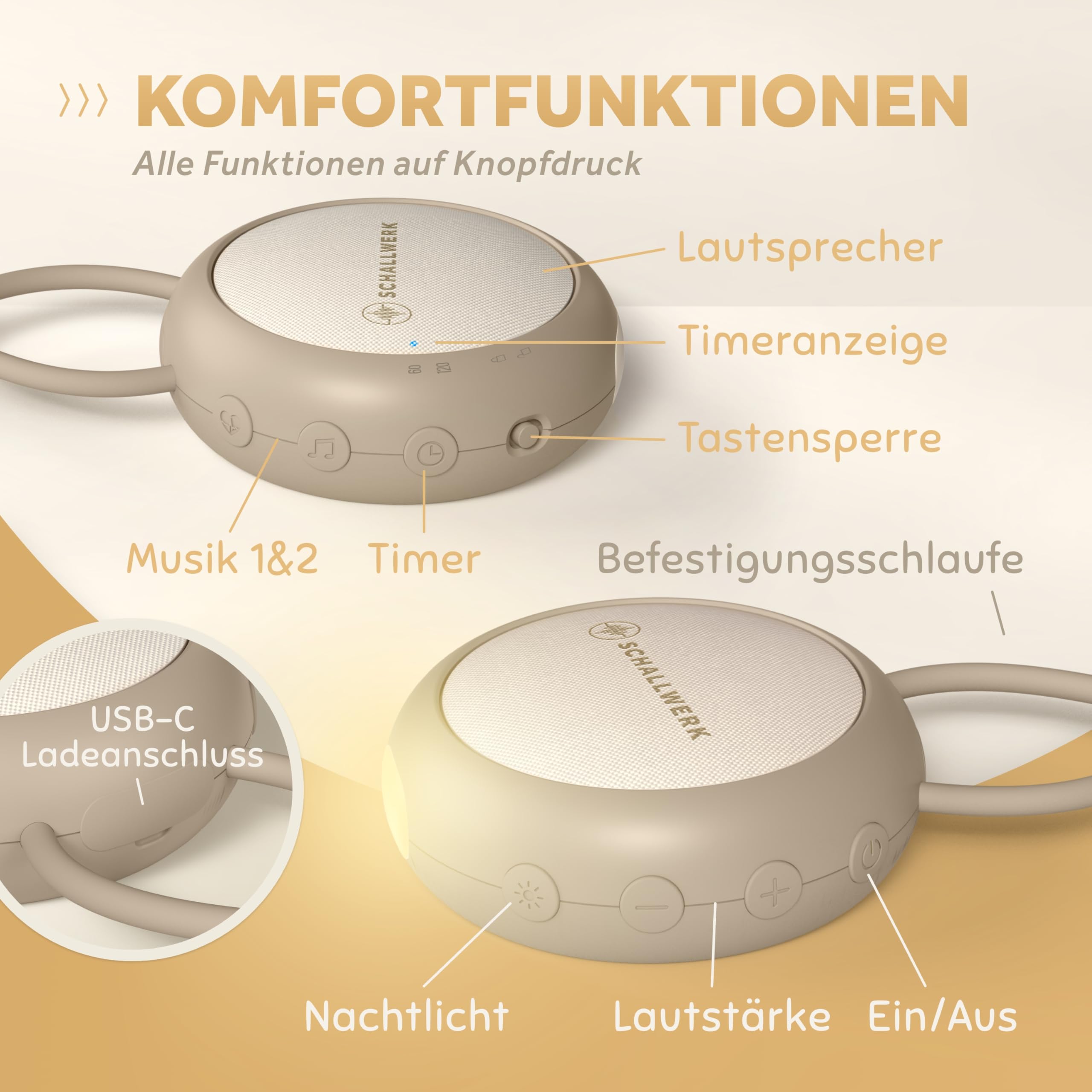 Schallwerk® White Noise Machine Baby – Einschlafhilfe für Babys & Erwachsene mit weißem Rauschen, Naturgeräuschen & Mehr – Geräuschebox mit Nachtlicht & Timer – Tragbar & leise