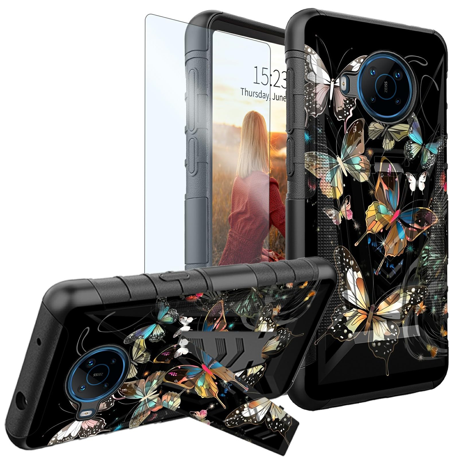 HEAKIERG for Nokia X100 6.67" Case with 1 X Tempered Glass Screen Protector, Dual Layer Protection with Kickstand Full Body Shockproof Phone Case for