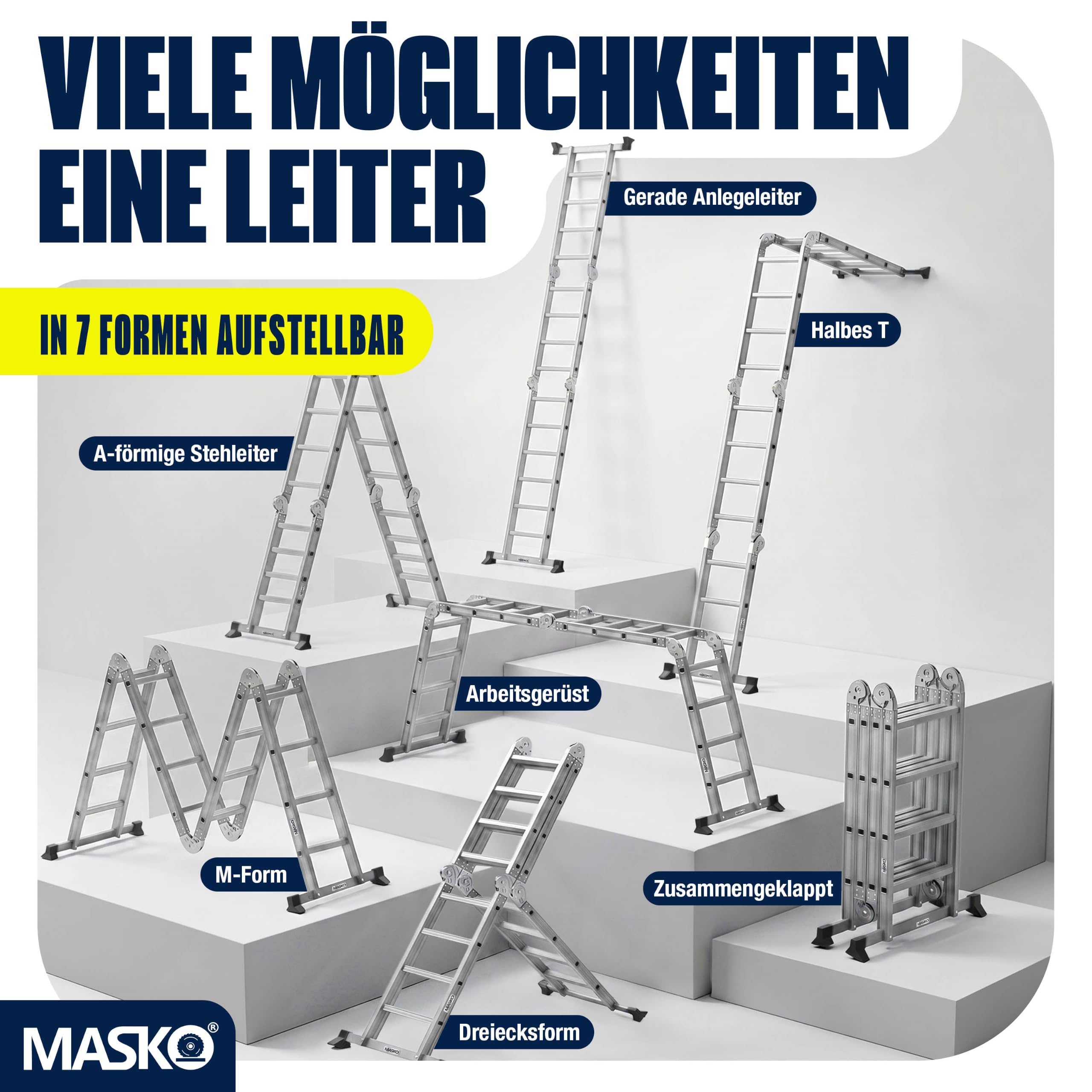 MASKO® Leiter Aluminium 4x3 Stufen, Mehrzweckleiter | - 360 cm | | 150 Kg belastbar, 6in1 multifunktional mit Verriegelung, Gelenkleiter, Anlegeleiter, beidseitige Steh- und Treppenleiter