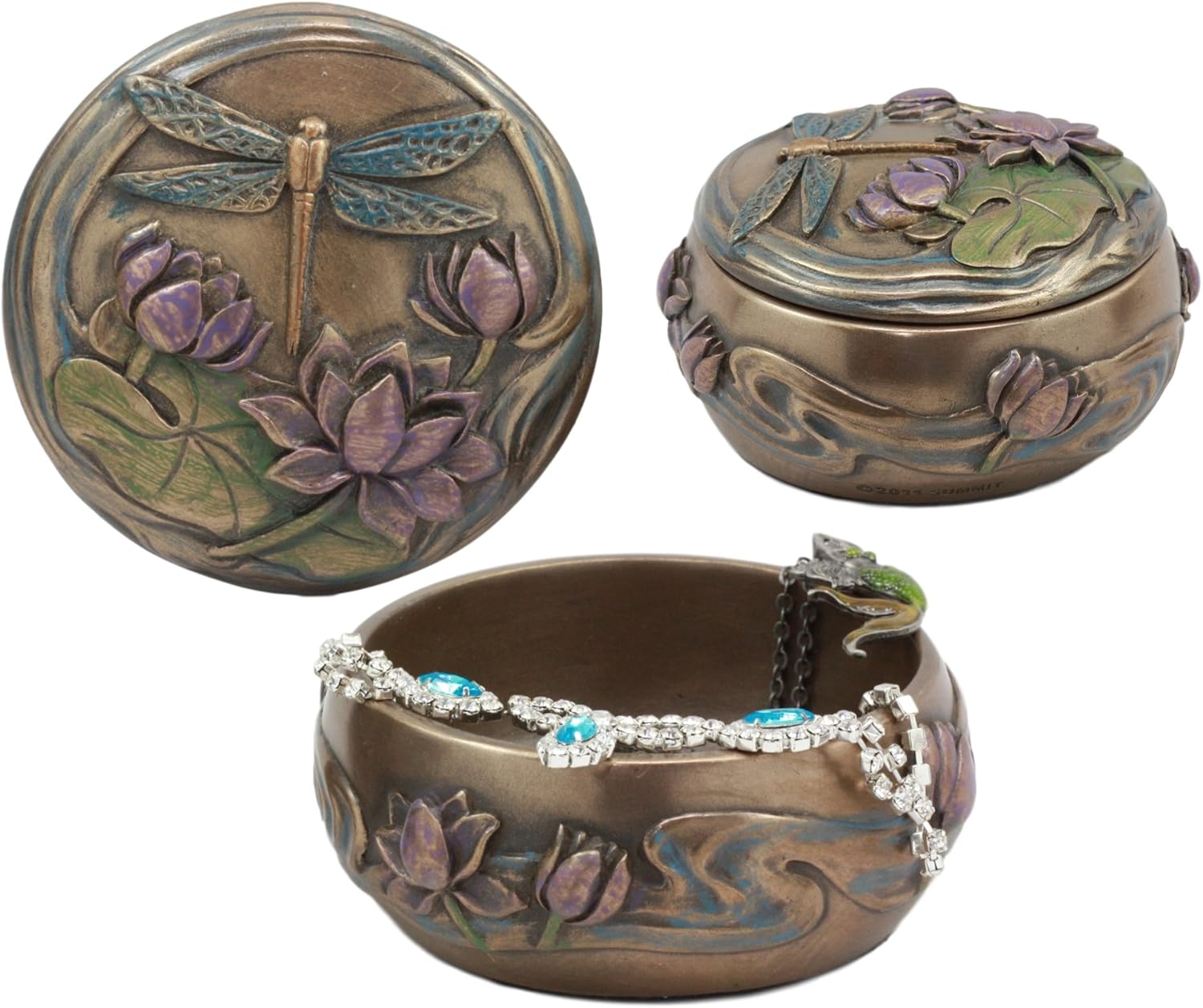 Ebros Dragonfly Flitting Over Lily Pad In The Pond Round Jewelry Box Secret Trinket Keepsake Figurine