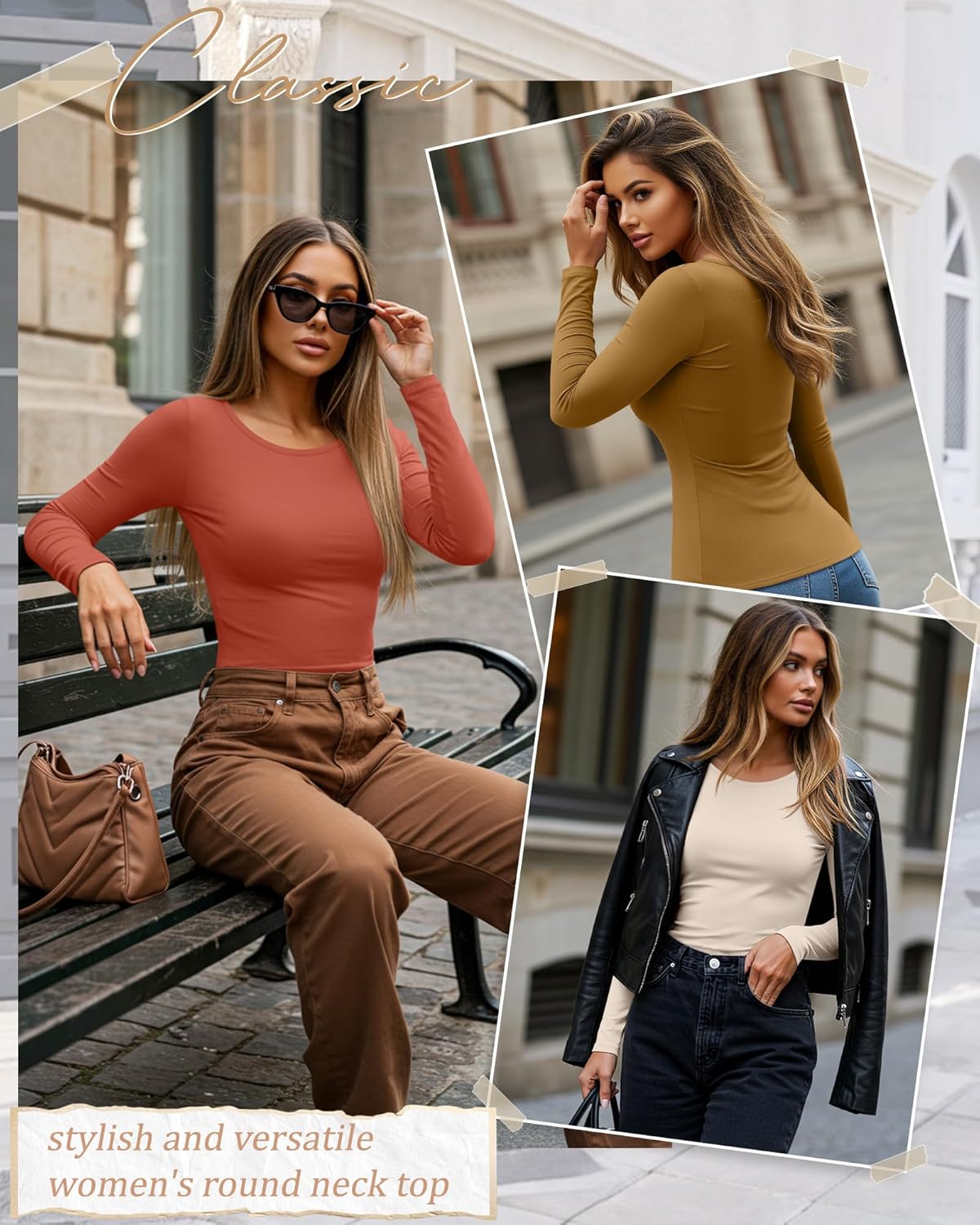 5 Pack Women's Long Sleeve Shirts Scoop Neck Tops Slim Fit Stretchy Undershirts Casual Fall Base Layer Multipack(Gray Green, Gray Apricot, Pumpkin, Brown, Camel,Medium) - Image 4